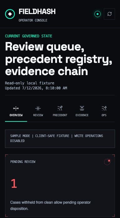 Mobile FieldHash operator console showing a case withheld for review